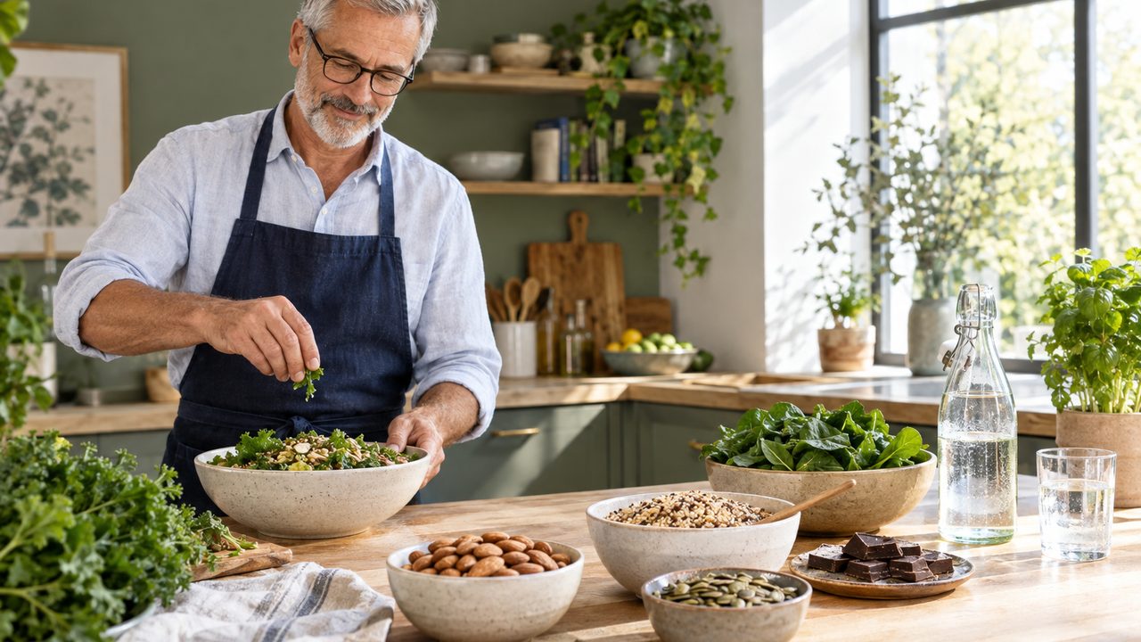 Table de cuisine garnie d'amandes, de graines de courge, de céréales complètes, de chocolat noir et de légumes verts, avec un homme qui cuisine en arrière-plan.